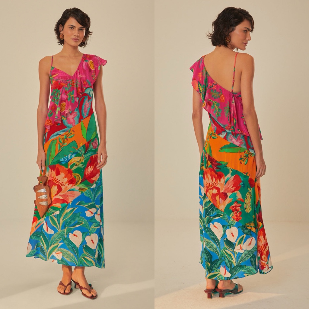 Nwt Farm Rio Mixed Flowery Colorblock Ruffle One Strap Midi Dress Tropical